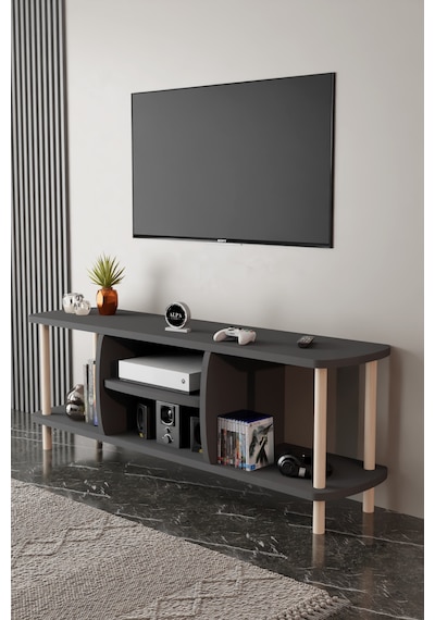 Modern Tv Ünitesi Ahşap Raflı 2 Katlı 4 Raflı Televizyon Sehpası Televizyon Ünitesi Antrasit Modern Tv Ünitesi Ahşap Raflı 2 Katlı 4 Raflı Televizyon Sehpası Televizyon Ünitesi Antrasit