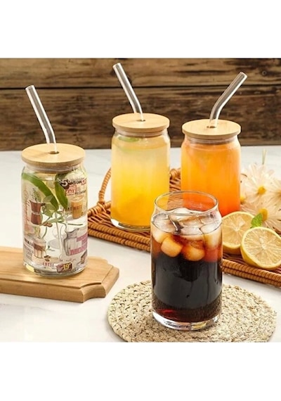 Bambu Kapaklı 2 Li Cam Bardak Seti - 300ml Isıya Dayanıklı Cam Pipetli Ve Fırçalı Şeffaf