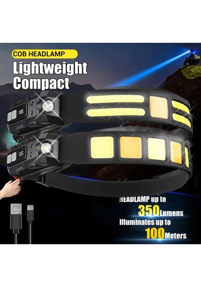 Ultra-parlak Led + Cob Şarj Edilebilir Kafa Feneri Hareket Sensörlü, Ayarlanabilir Işın, Hafif Ve Dayanıklı Tasarım Siyah