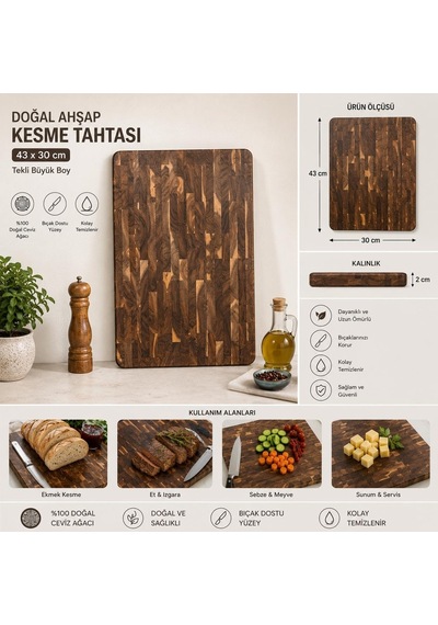 Doğal Ahşap Kesme Tahtası 43x30 Cm Kalın Kasap Bloğu Kesim Tahtası Bıçak Dostu Mutfak Doğrama Ve Servis Tahtas Diğer