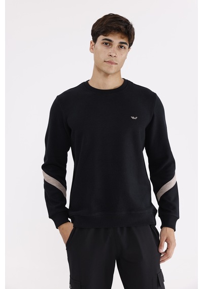 Rowinger Kol Şerit Detaylı Yuvarlak Yaka Göğüs Logolu Rahat Kalıp Mevsimlik Sweatshirt Black