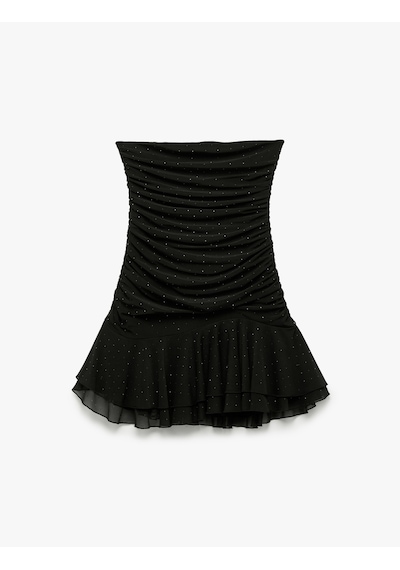 Koton Slim Fit Tül Etek Ucu Detaylı Taşlı Straplez Mini Elbise Siyah 5sak80535ek Siyah