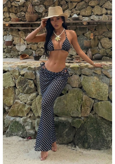 Bella Notte Puantiye Desenli 3 Parça Plaj Kombini Bikini Takımı Ve Pareo Siyah