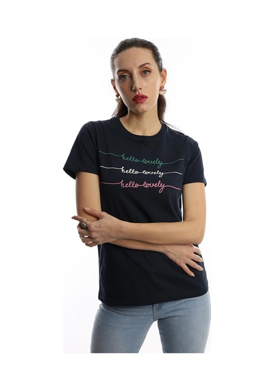 Kadın Hello Lovely Yazı Baskılı Tişört Lacivert