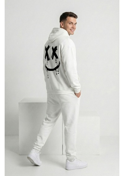 Nevermind Unisex Smile Baskılı Sevgili Kombini Oversize Hoodie Seti Beyaz