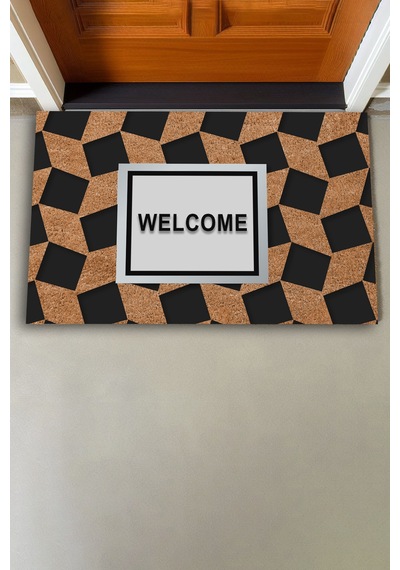 Valerine Life Ekose Desenli Kahverengi Siyah Welcome Hoş Geldiniz Kapı Önü Paspası 45x70cm Kahverengi