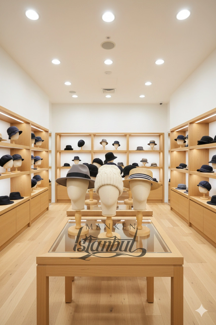 Kumaş Kaplı Ahşap Standlı Polyester Kafa Mankeni Aksesuar Mankeni Şapka Mankeni Peruk Mankeni