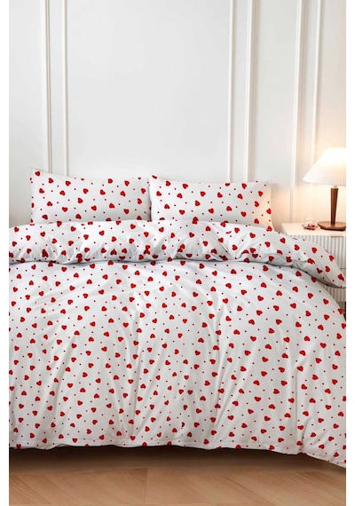Kırmızı Kalpli Çift Kişilik Nevresim Takımı Pamuklu 160x200 Cm Çok Renkli