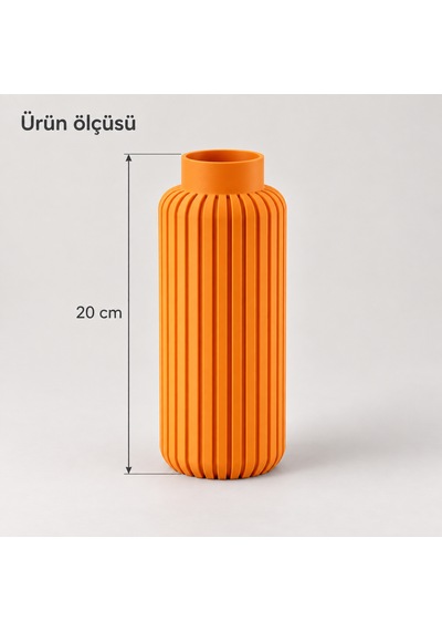 Dikey Çizgili Dekoratif Vazo 20 Cm Modern Silindir Tasarım Turuncu