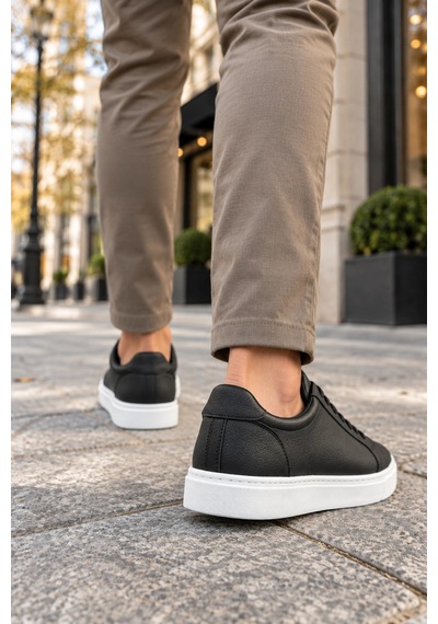 Mevese Etile Bağcıklı Cilt Erkek Günlük Sneaker Ayakkabı - Siyah