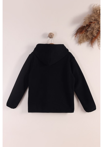 Monox Lastik Manşetli Fermuarlı Kapüşonlu Çocuk Unisex Polar Ceket Siyah