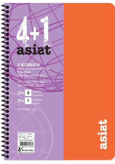 Defter A4 4+1 125 Yaprak Ayraçlı Plastik Kapak Asist Çok Renkli