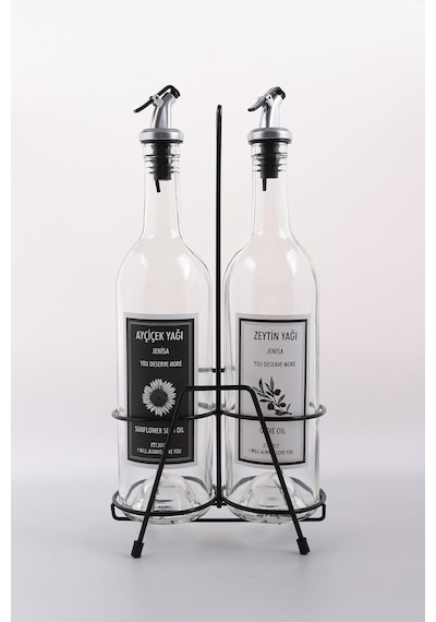 2'li 750 Ml Zeytinyağı Sıvıyağ Şişesi Cam Yağdanlık Siyah Stantlı Akıtıcılı Yağlık 750ml Diğer