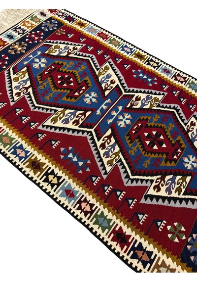 El Dokuma Sıfır Yahyalı Kilim 100x165 Kırmızı Mavi %100 Yün Kök Boya Mavi