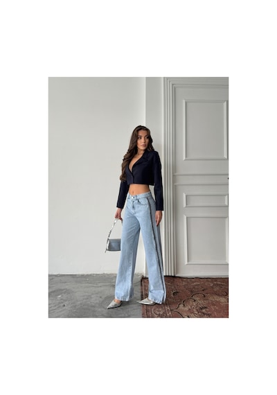 Blue Marlın Yan Fermuarlı Uzun Boyfriend Bol Paça Jeans Buz Kar