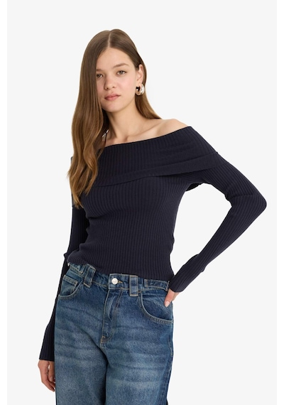 Defacto Slim Fit Dar Kesim Açık Omuz Triko Kazak B6537AX23WN Lacivert
