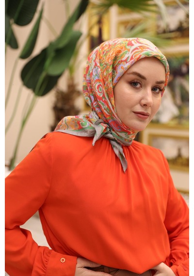 Silk Home Olinda İpek Eşarp 47002-34 Gri, Parlak Turuncu, Yeşil, Leylak, Mercan