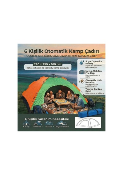 Buffer 6 Kişilik Otomatik Kurulum Kamp Çadırı Outdoor Aile, Doğa, Suya Dayanıklı Hızlı Kurulum Ça Yeşil