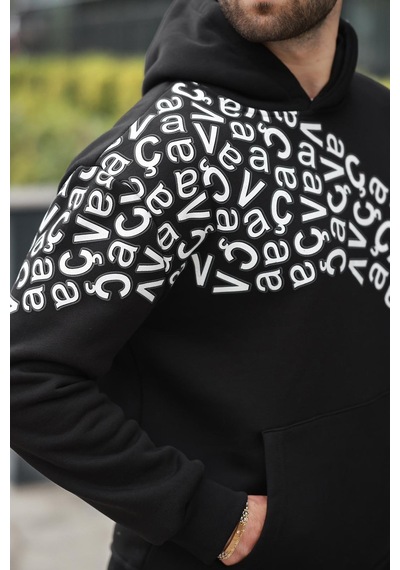 Madmext Siyah Baskılı Kapüşonlu Erkek Sweatshirt E7160 Siyah