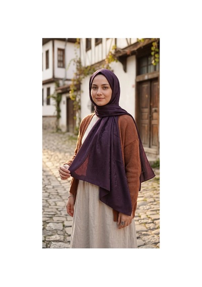 Nukra Jakarlı Pamuk Tesettür Şal Otantik Desen Mürdüm 70 X 190 Cm