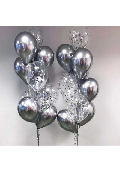 12 Krom Gümüş 12 Gümüş Konfetili Şeffaf Balon Set