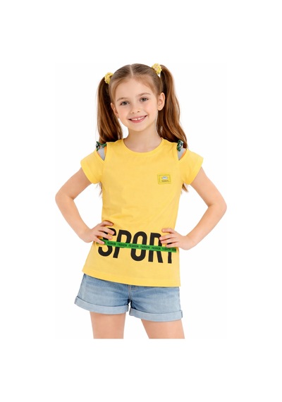 İrem Çocuk Giyim Kız Çocuk Sport Yazı Desenli Omuz Detaylı Sarı Renk Tişört Sarı