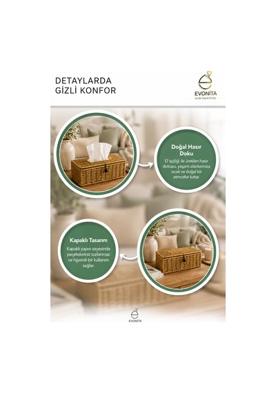 Evonita Hasır Peçetelik Kapaklı Rattan Peçete Kutusu Dekoratif Masa Üstü Peçetelik Organizer Kahverengi