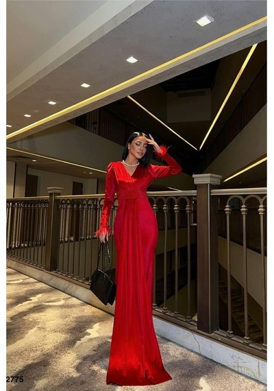 DefyModa Kadın Şık Esnek Kadife Kumaş V Yaka Kemerli Abiye Elbise Kırmızı