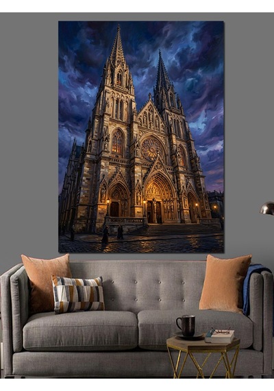 Gece Işıklarında Gotik Katedral Mimarisi Dekoratif Kanvas - Mdf Ahşap Tablo