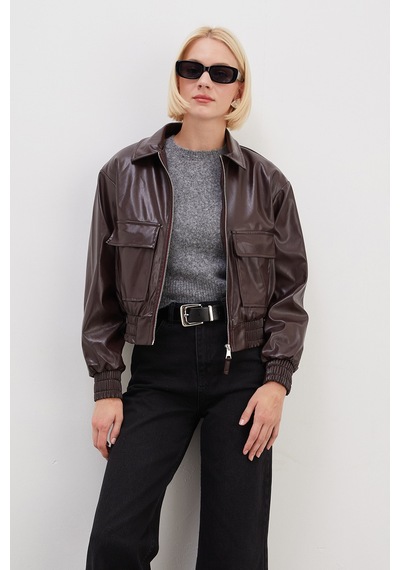 Fullamoda Çift Cepli Polo Yaka Suni Deri Bomber Ceket Bordo