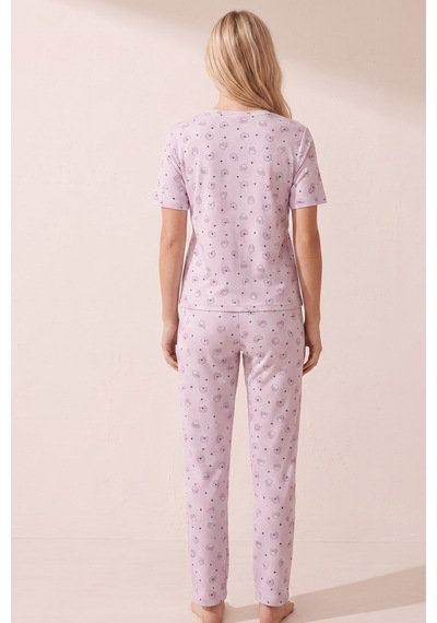 Siyah İnci Pamuklu Fitilli Kaşkorse Örme Pijama Takım 26120402 Lila Kedi