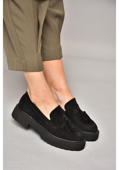 Fox Shoes T996193002 Siyah Süet Kalın Tabanlı Makosen Ayakkabı Siyah