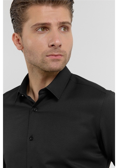 İmza Siyah Kendinden Desenli Sert Yaka Uzun Kol Cepsiz Slim Fit Pamuklu Gömlek 1004255283