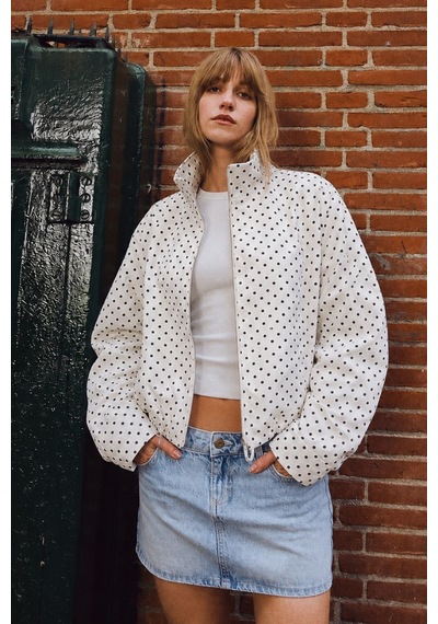 Madmext Beyaz Puantiyeli Dik Yaka Bomber Ceket Mg2850