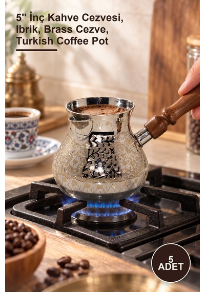 5 Adet Pirinç Cezve 5'' İnç Kahve Cezvesi, Ibrik, Brass Cezve, Turkish Coffee Pot Altın