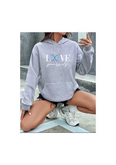 Herkesemoda Love Yorself Detaylı Kapüşonlu Sweatshirt Gri