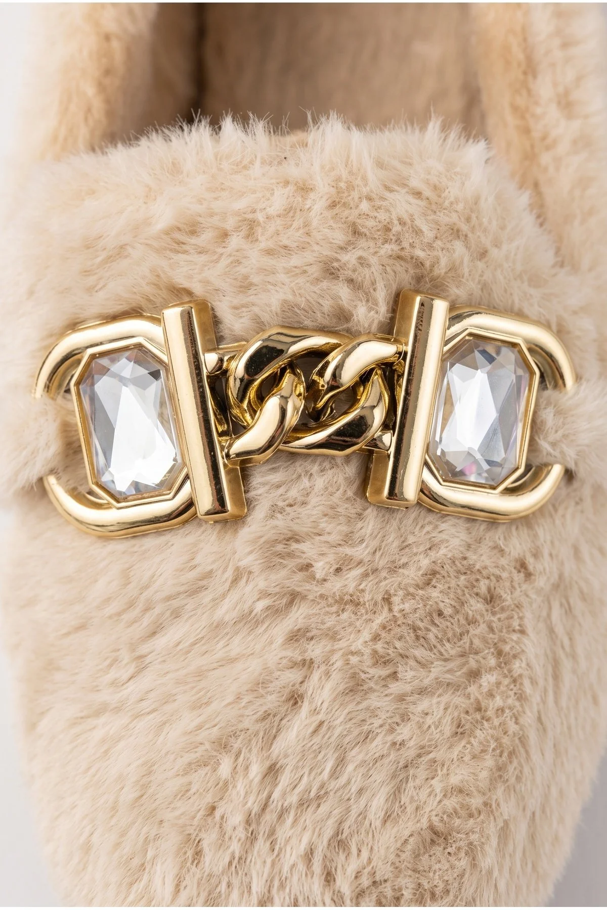 Modafocus Bej Kadın Taşlı Gold Zincir Detaylı Peluş Ev Babeti Kışlık Rahat Terlik Bej-2