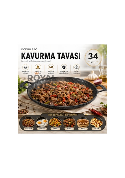 Döküm Sac Kavurma Tavası 34 Cm Çift Kulplu Izgara Ve Et Pişirme Tavası Siyah