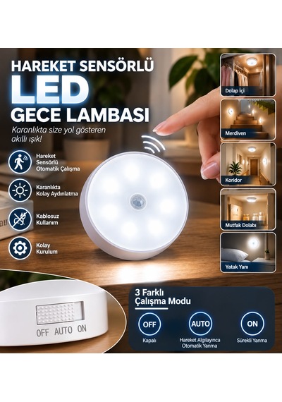Hareket Sensörlü Led Gece Lambası Şarj Edilebilir Dolap Merdiven Duvar Aydınlatma Beyaz Renk Yuvarlak Yapışkan Mıknatıs Manyetikli