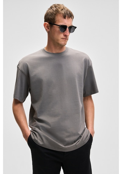 Grımelange FEON Erkek Oversize Geniş Kesim %100 Organik Pamuk Kalın Dokulu Yuvarlak Yaka Açık Gri T-Shirt