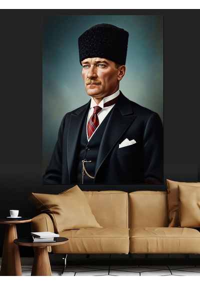Ahşap Tablo Kalpak Başlıklı Siyah Takım Elbiseli Atatürk Portresi