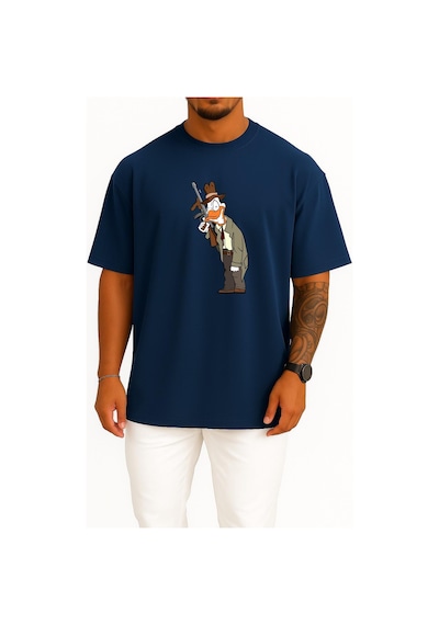 Bahriyeli Collection Oversize American Pekin Duck Mallard Bird, Gangster Göğüs Tasarımlı Unisex T-shirt Lacivert