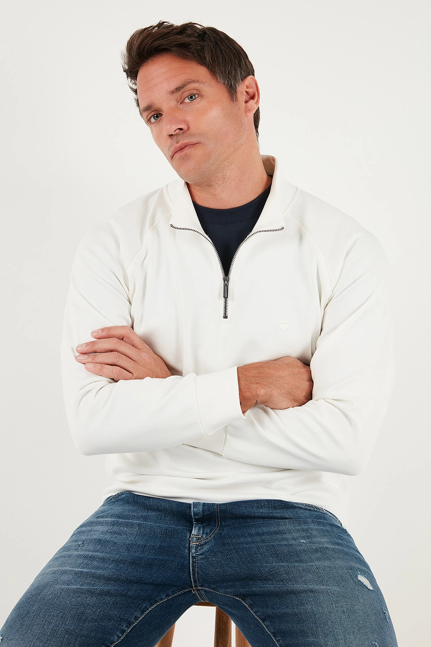 Buratti Pamuklu Relaxed Fit Yarım Fermuarlı Dik Yaka Erkek Sweat 5901232 Ekru