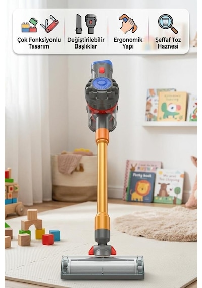 İlk Dikey Süpürgem Gerçekci Vakum Yapan Pilli Sesli 3 Farklı Başlıklı 70cm Oyuncak Dikey Süpürge 1