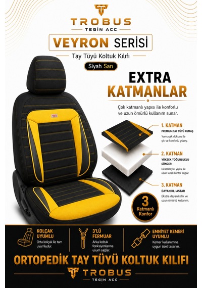 Veyron Serisi Tay Tüyü Ortopedik Koltuk Kılıfı 5'li Takım Siyah Sarı