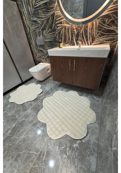 Bubble Papatya Banyo Paspası 2'li Set Pofuduk Yumuşak Peluş Kaymaz Taban Dekoratif Banyo Halısı Krem