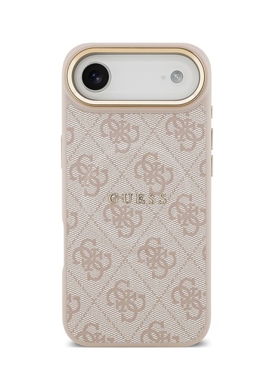 Apple Uyumlu iPhone 17 Air Kılıf Guess Lisanslı M-safe Şarjlı Gold Kamera Çerçeveli Pu Deri Yazı Logolu Pembe