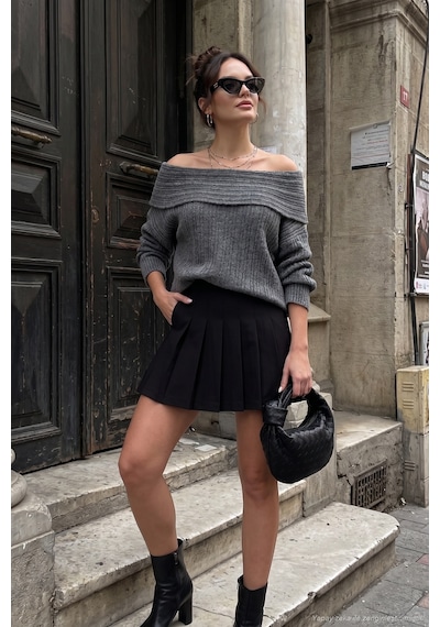 Lela Oversize Fit Madonna Yaka Triko Bayan Kazak 4615216 Antrasit
