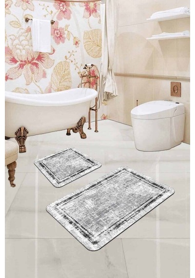 Gri Modern Klasik Banyo Halısı Klozet 2'li Paspas Seti Bs286n11