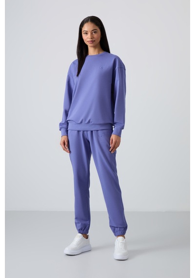 Tommy Life Eflatun Basic Pamuklu O Yaka Oversize Lastik Paça Kadın Eşofman Takım - 95287 Mor